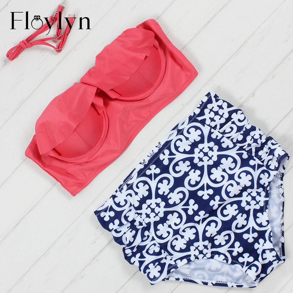 FL00819 Floylyn Новинка бикини женский купальник Высокая талия купальный костюм Плюс Размер Купальники пуш-ап бикини Набор Винтаж Ретро пляжная одежда 4XL - Цвет: FL00819