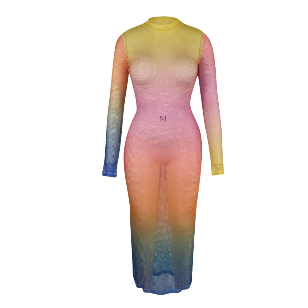 

Fashion Sexy Hollow Out Mesh Strapless Sleeveless Dress See Through Colorful Print Women Bodycon Dress