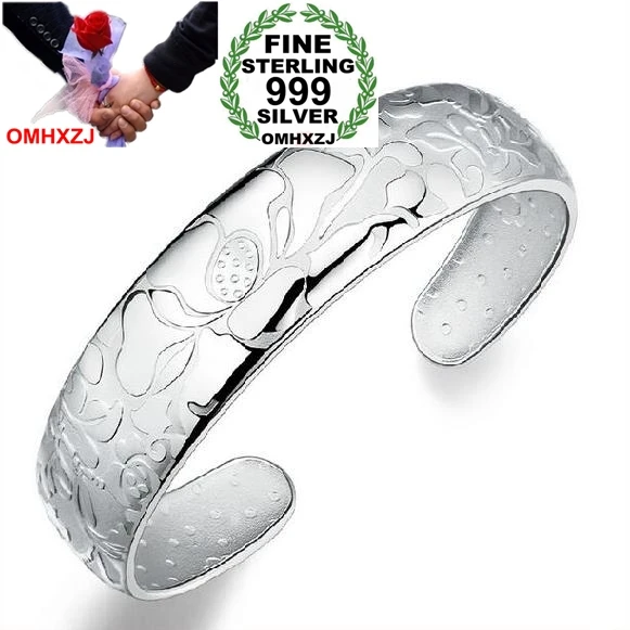 

OMHXZJ Wholesale fashion geometric lotus woman kpop star Fine 999 Sterling Silver opening adjustable bracelet Bangles SZ09