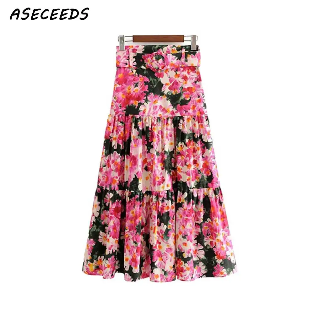 Многоцветный Boho kawaii Цветочная сексуальная юбка миди Женская шикарная летняя юбка с поясом уличная Женская Повседневная Корейская одежда faldas mujer moda - Цвет: Многоцветный