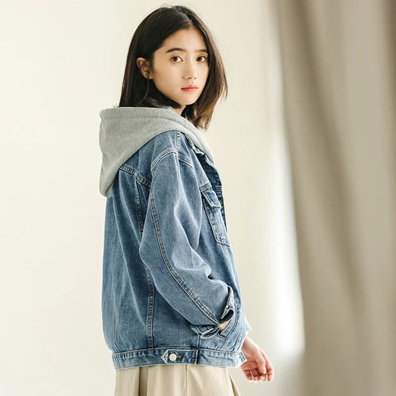 Hooded Denim Jacket Women Spring Vintage Streetwear Female Loose Jeans Girls Student Washed Hoody Coat | Женская одежда