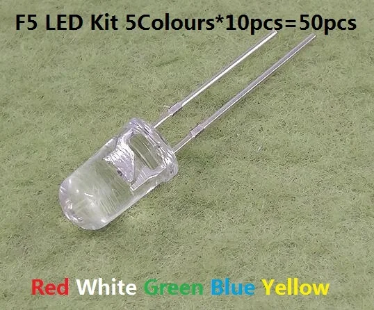 

5 Colour * 10pcs=50pcs 5MM Transparent Cove LED F5 Red White Green Blue Yellow Assorted Kit Set Pack Assortment DIY