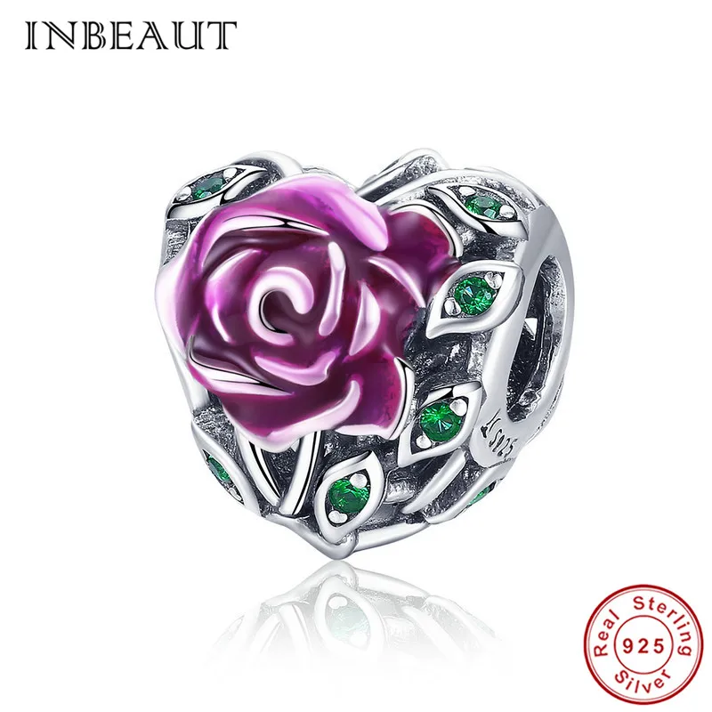 INBEAUT 100% настоящий 925 пробы Серебряный Фиолетовый Розовый резной зеленый лист