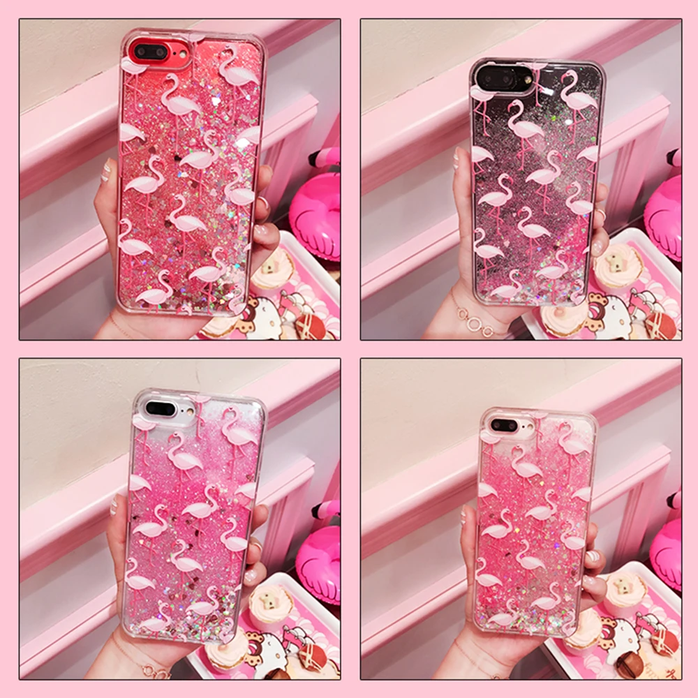 Glitter Dynamic liquid Flamingo Phone Cases For iPhone 6 6s 7 8 Plus Case Silicone Cover X Girly Coque Capa |