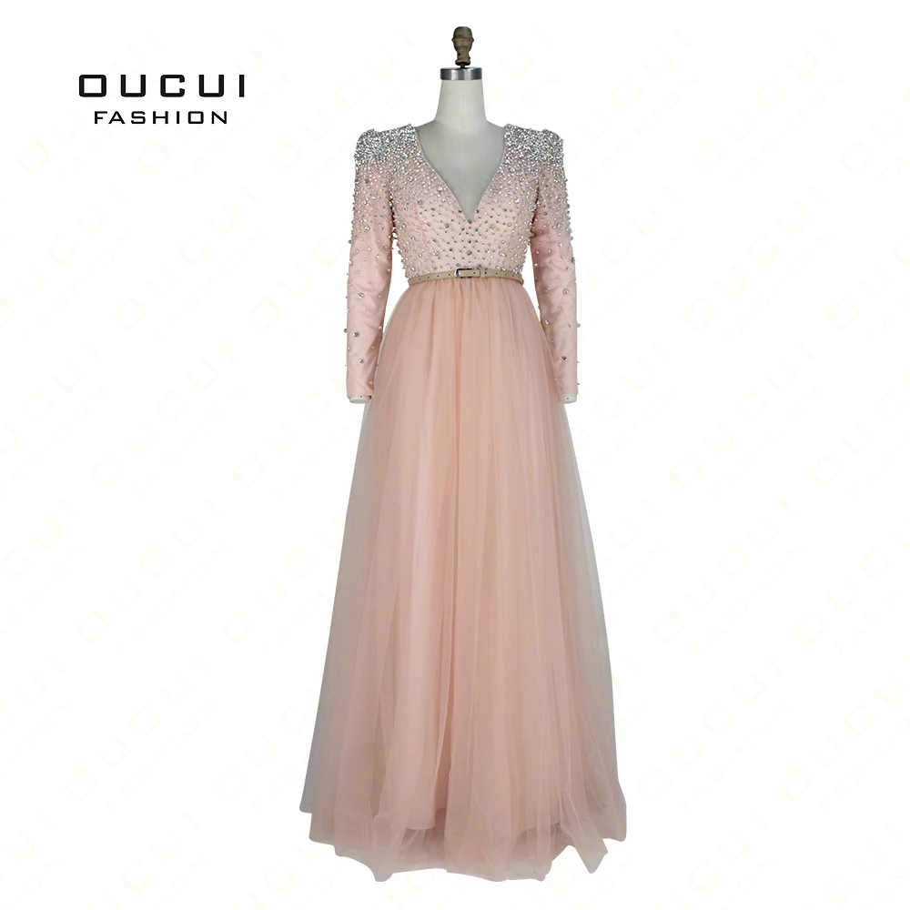 Вечернее платье OL102921 с рукавами до запястья розового цвета с кристаллическим V-образным вырезом, ручной работы с бисером и реальными фотографиями.