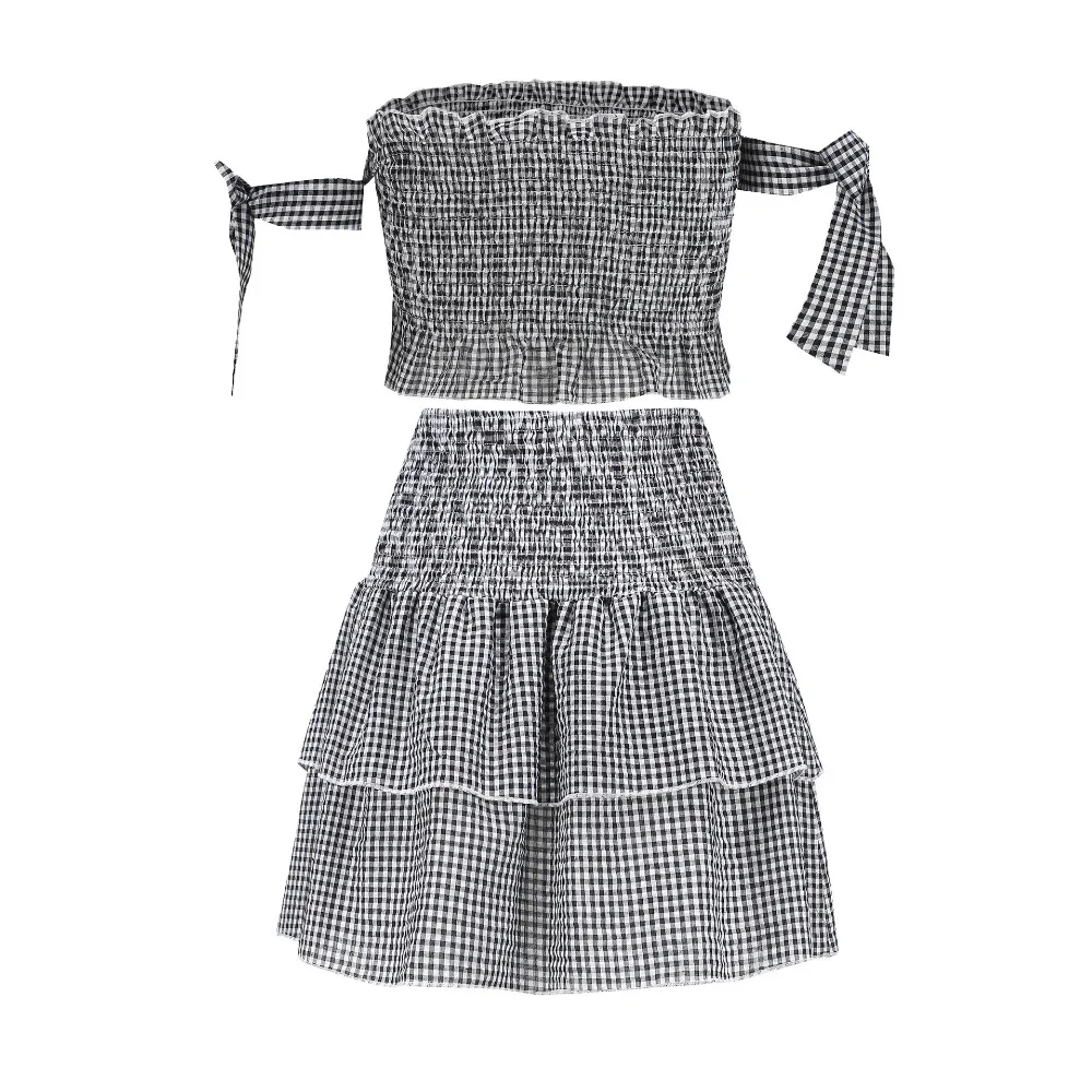 Элегантная клетчатая Женский комплект 2 шт. с открытыми плечами укороченный топ +