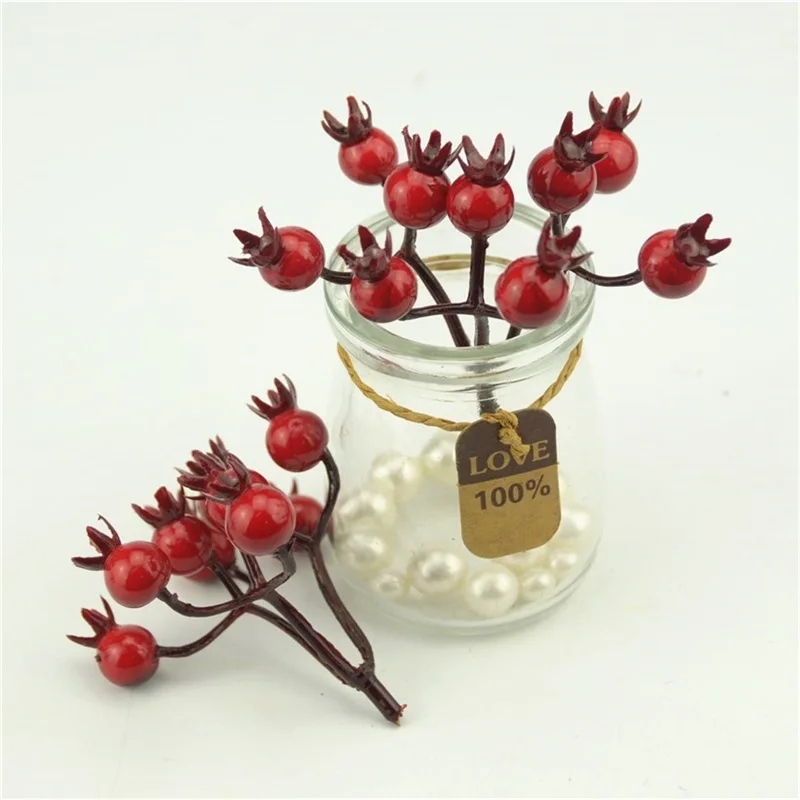 pomegranate 10 шт./90 головок мини искусственный жемчуг гранат фрукты маленькие Ягоды Искусственные цветы красная вишня тычинка Свадьба Рождество декоративные - Цвет: pomegranate
