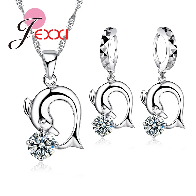 

925 Sterling Silver Dolphin Pendant Necklace Cubic Zirconia Drop Earrings Set Elegant Cute Animal Bride Wedding Jewelry Sets