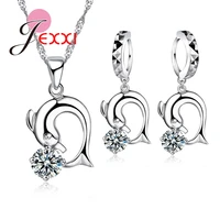925 sterling silver dolphin pendant necklace cubic zirconia drop earrings set elegant cute animal bride wedding jewelry sets