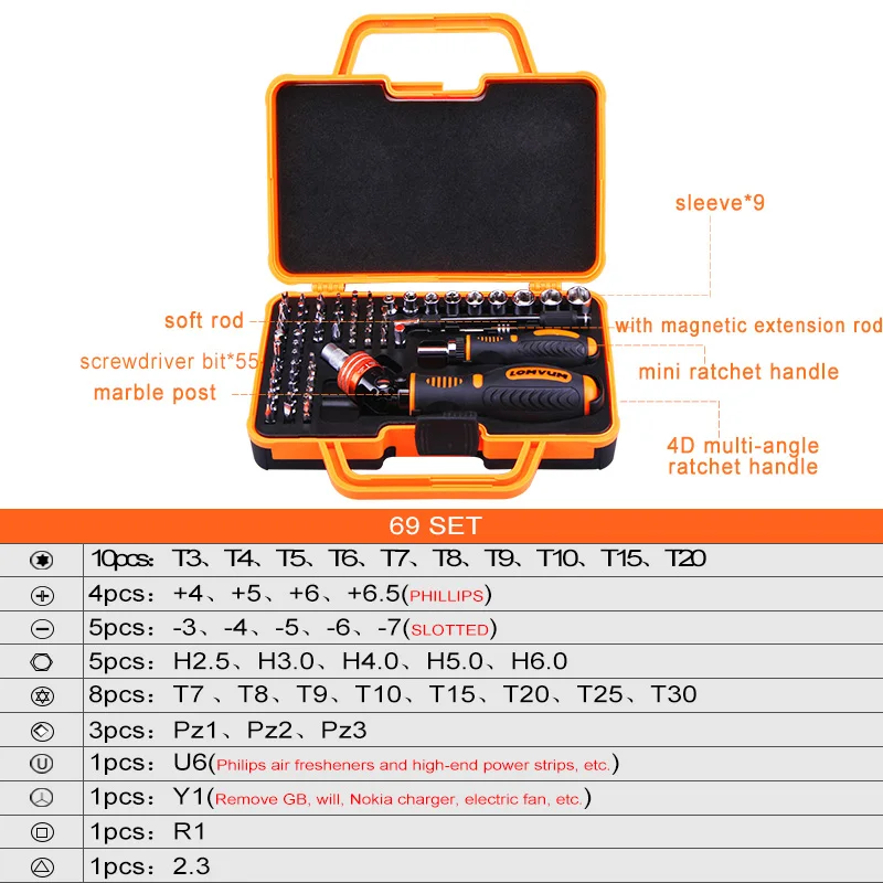 69 psc set LOMVUM мини-отвертка набор магнитных прецизионных отверток Набор разборных хромированных отверток Vandium Набор бит - Цвет: 69 psc set