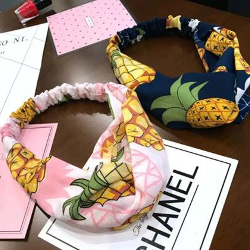 Chic Fruit Ananas Print Headband Handmade Bowknot Cross Elastic Hairband Headwrap Turban For Beach Hair Jewelry Fast Shipping | Детская