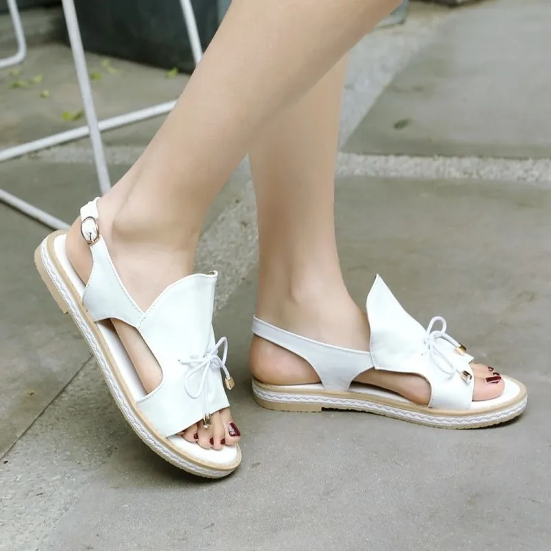 Женские босоножки на низком каблуке Пляжная обувь из искусственной кожи с бантом