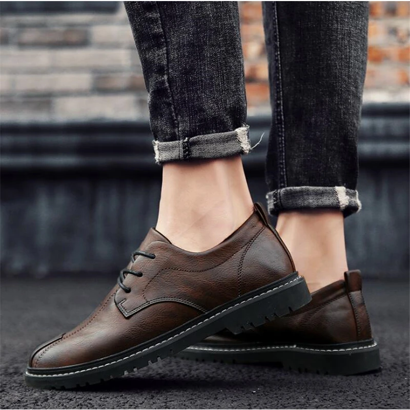 Высокое качество все черные мужские кожаные повседневные туфли модные дышащие