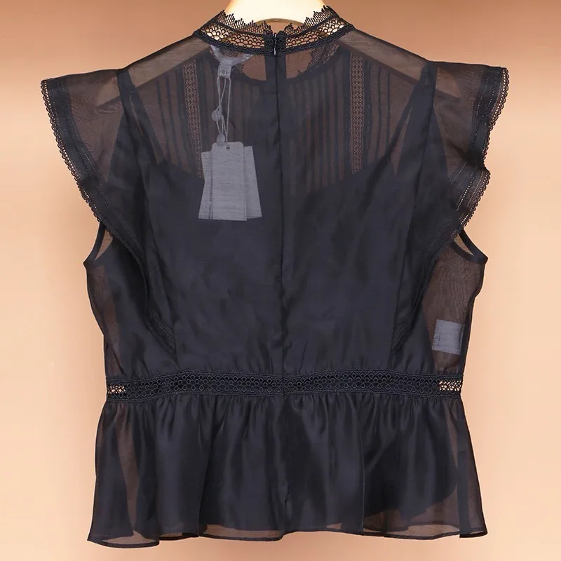 black TWOTWINSTYLE летняя однотонная женская блузка со стоячим воротником с коротким рукавом туника с оборками женская модная одежда Элегантная новинка - Цвет: black