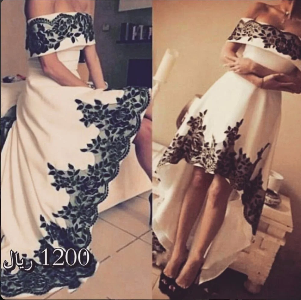 

vestido de festa Black Lace Appliqued White Short Prom Dresses Front Long Back Long Suadi Arabic Evening Dress 2019