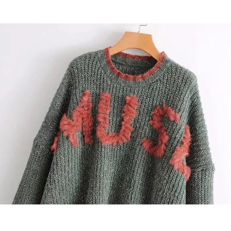 2017 New Winter Woman Sweater Pullover Hit Color Letters Patchwork Thick Knitting Sweaters Female Super Loose Top Wear | Женская одежда