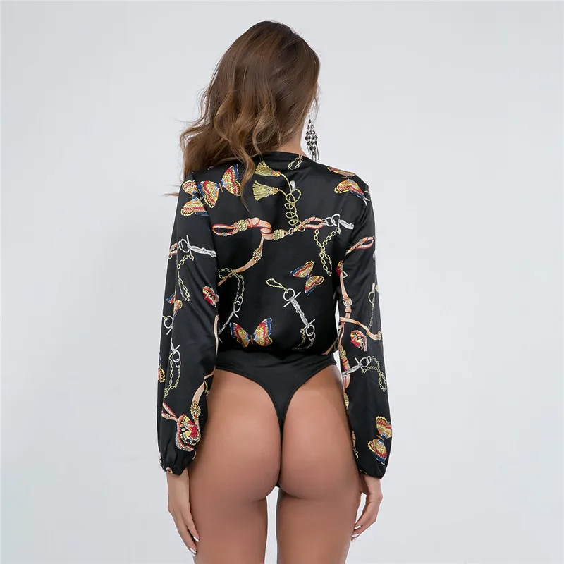 Черные цепи печати блузка тело топ сексуальный глубокий V шеи боди combishirts Femme с
