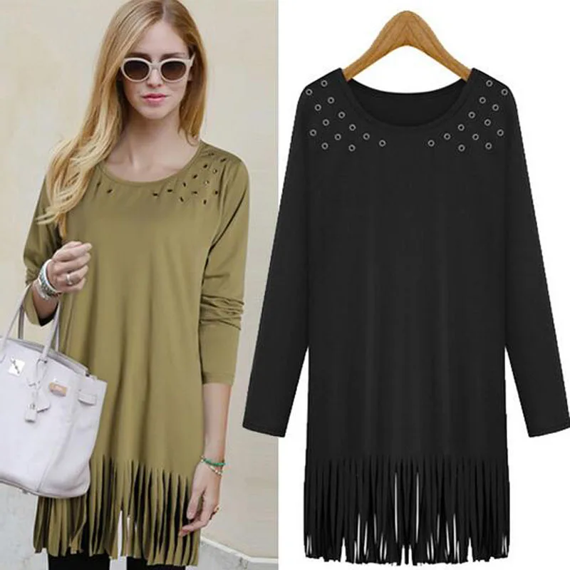 

Large size women's bottoming autumn winter Inner Dress solid thin Europe and America Slim tassel long-sleeved dress JQ1266YH0029