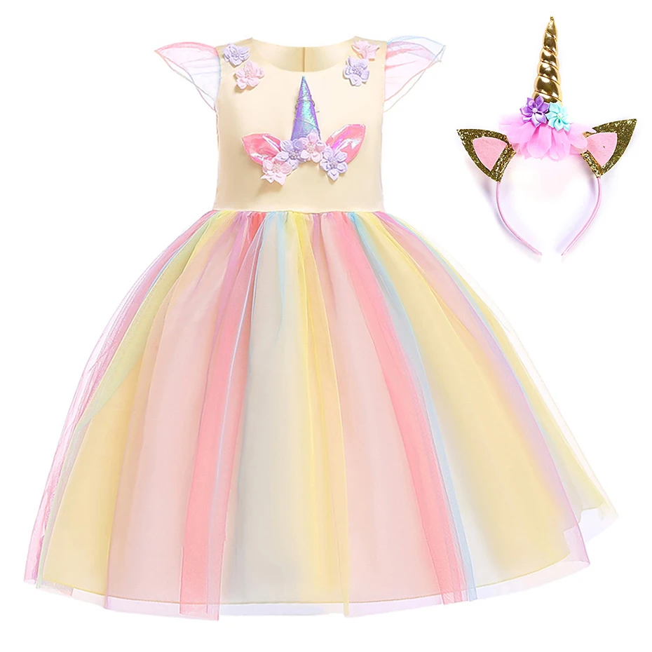 Multicolour Girls Cosplay Unicorn Dress Flying Sleeve Princess Girl Birthday Party Dresses Child Kids Halloween Costume | Детская одежда