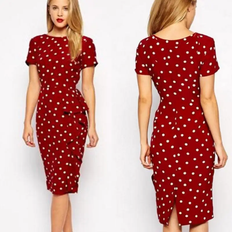 Старинные женские платья женщин bodycon dot круглым воротом с коротким рукавом длиной