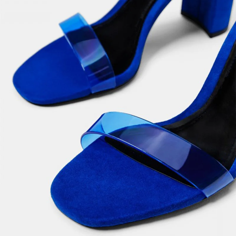 

Royal Blue Clear PVC Transparent Sandals Block Heels 10 cm Chunky Heels Ankle Strap Back ZIP Summer Women Shoes 2019 Customize