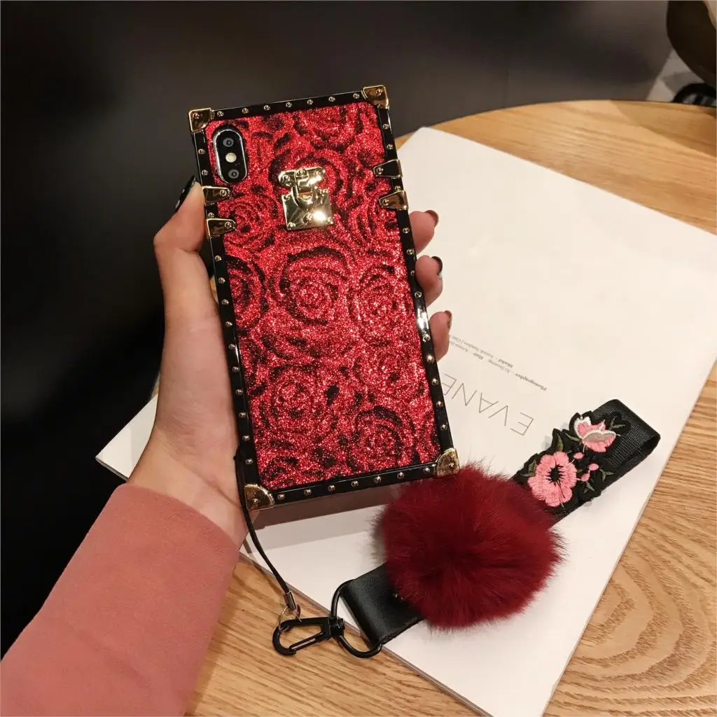 Роскошный чехол с квадратной вышивкой и 3D розами для iPhone 7, 8, 6, 6s Plus, X, Xs, Max, Xr, яркий блестящий Мягкий силиконовый чехол с ремешком