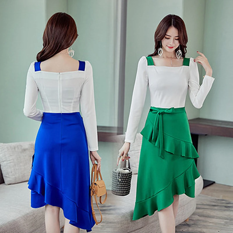 2019 Autumn New Fashion Dress Square Collar Slim OL Wind Stitching Ruffled Sleeve Head Solid Color Long Women's Clothing | Женская