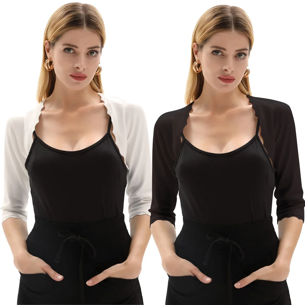

Grace Karin Women's 3/4 Sleeve Open Front bolero shrug office work wear party slim Copped tops Scalloped Knitted jacket coat