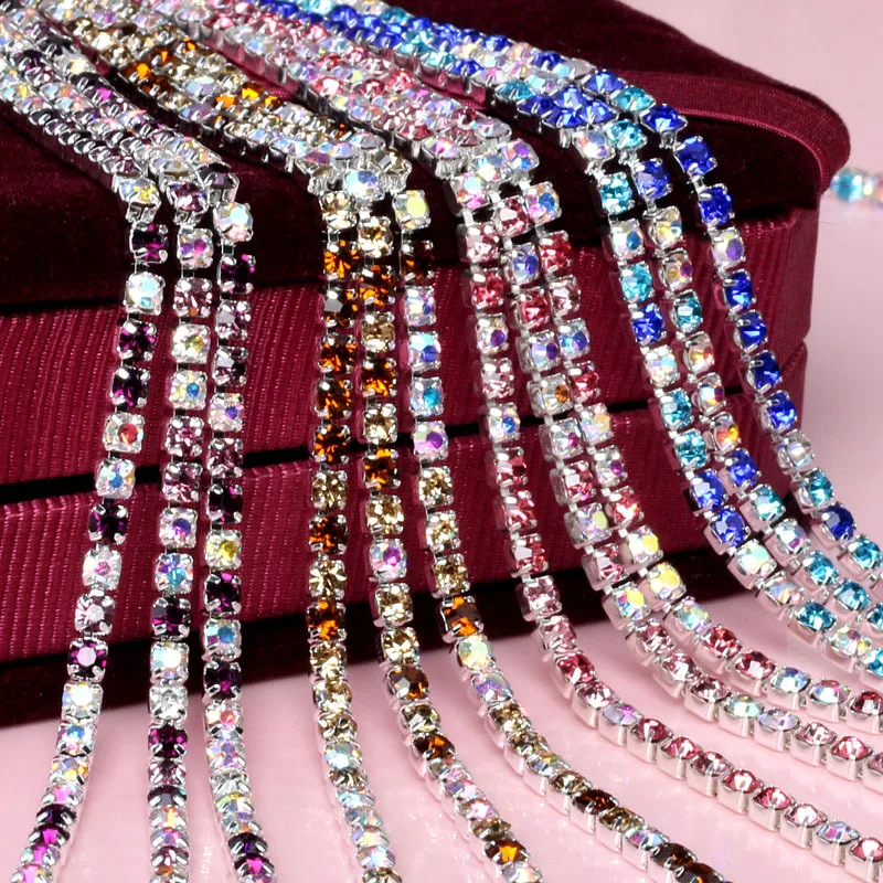 

Free shipping ss8 2.5mm Mix color glass crystal Rhinestone Chain,silver base sew on Chains For jewelry accessories YHSS8
