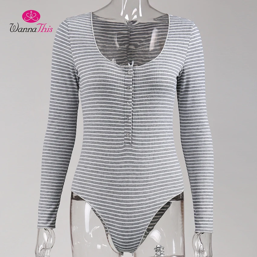 WannaThis Autumn Striped Bodysuits Women Scoop Neck Long Sleeve Knitted Elegant Gray White Bodycon Sexy Casual Cotton Rompers | Женская