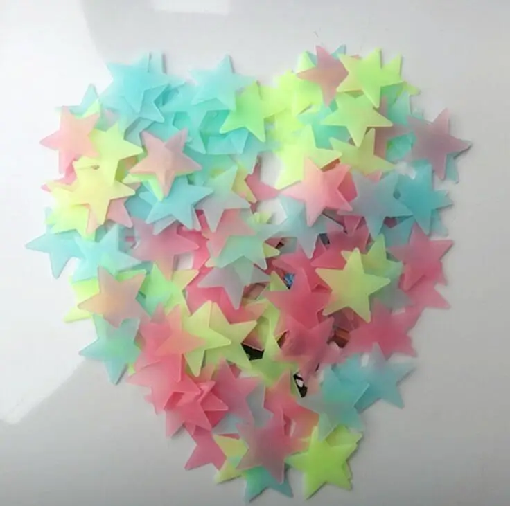 100pcs 3D Stars Glow In Dark Luminous Fluorescent Plastic Wall Sticker Baby Room Ceiling Ornaments Special Festival Decro PVC | Дом и сад