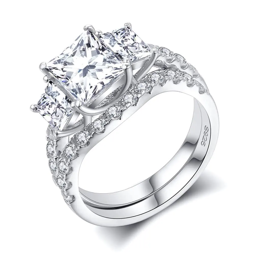 925 Sterling Silver 4.9 Carat CZ Paved Wedding Band Bridal Ring Sets Women 3 Stone Cubic Zirconia Eternity Engagement Rings SR07 | Украшения