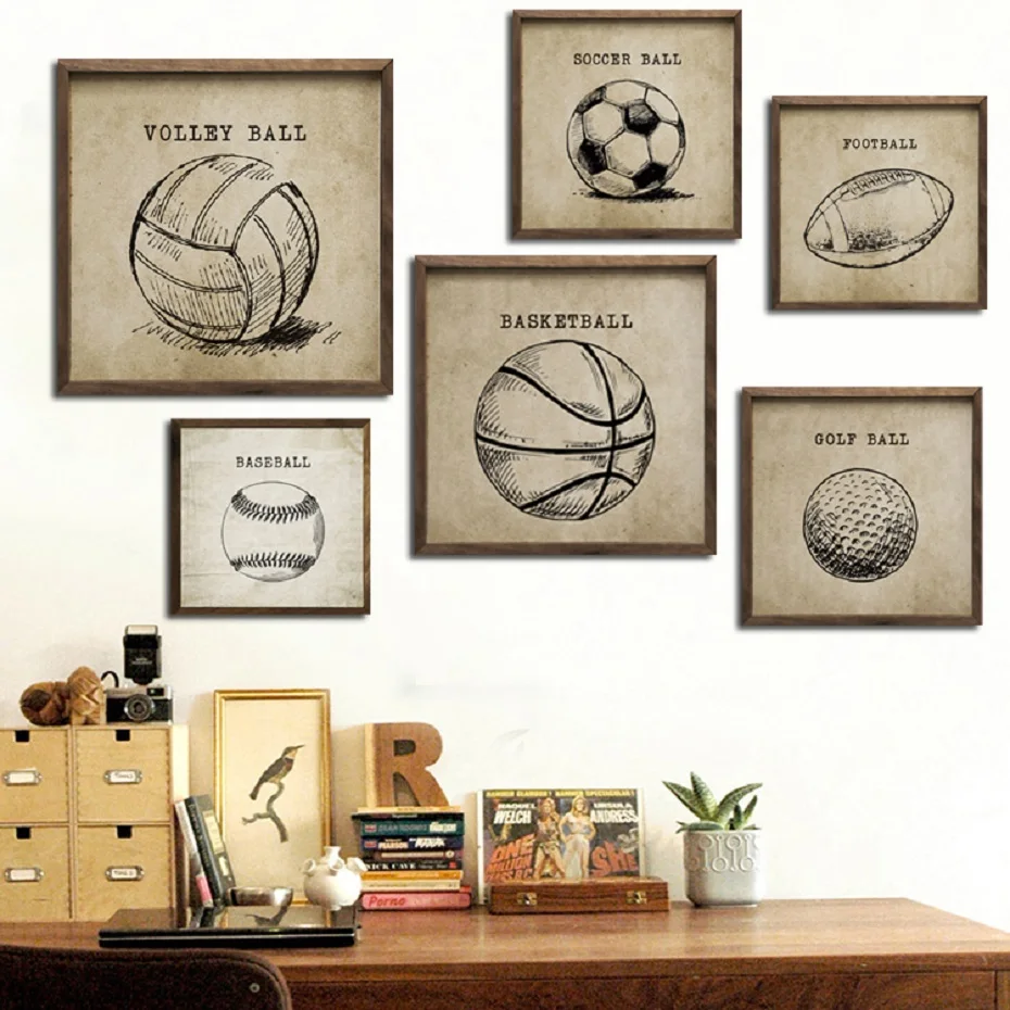 

Vintage Sketch Basketball Soccer Balls Canvas Paintings Gym Sports Posters Prints Boy Fans Wall Art Picture Kids Room Home Decor