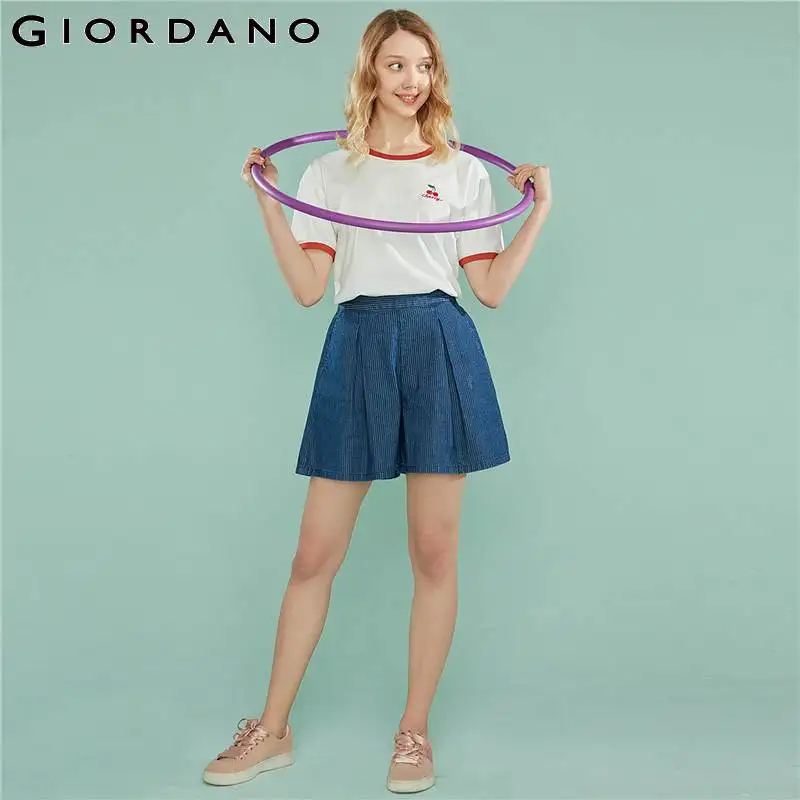 Giordano Women Tshirt Women Embroidery Fruits Contrast Color Crewneck Short Sleeve Tees Women Soft Cotton Fasion Women T Shirt