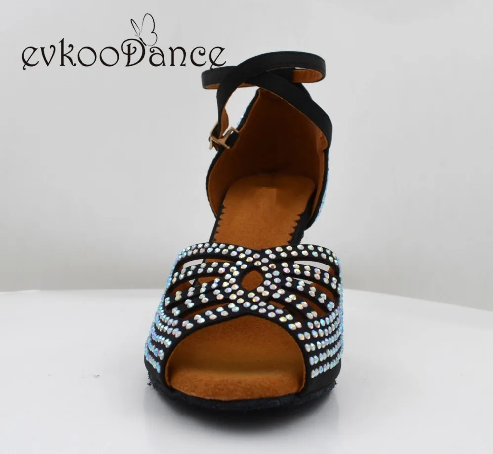 Black Satin With Diamond US 4-12 Heel Height 7 CM Professional Open Toe Latin Dance Shoes For Girls NL201 | Спорт и развлечения