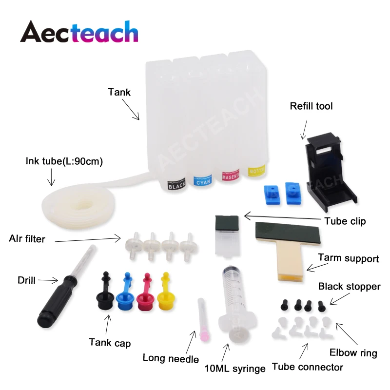 Aecteach DIY СНПЧ комплект 4 цвета чернилами аксессуары для HP 21 22 60 61 56 57 74 75 901 121 300 122 301 XL