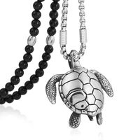 men punk stainless steel sea turtle pendant necklace with black natural stone bead necklace 26
