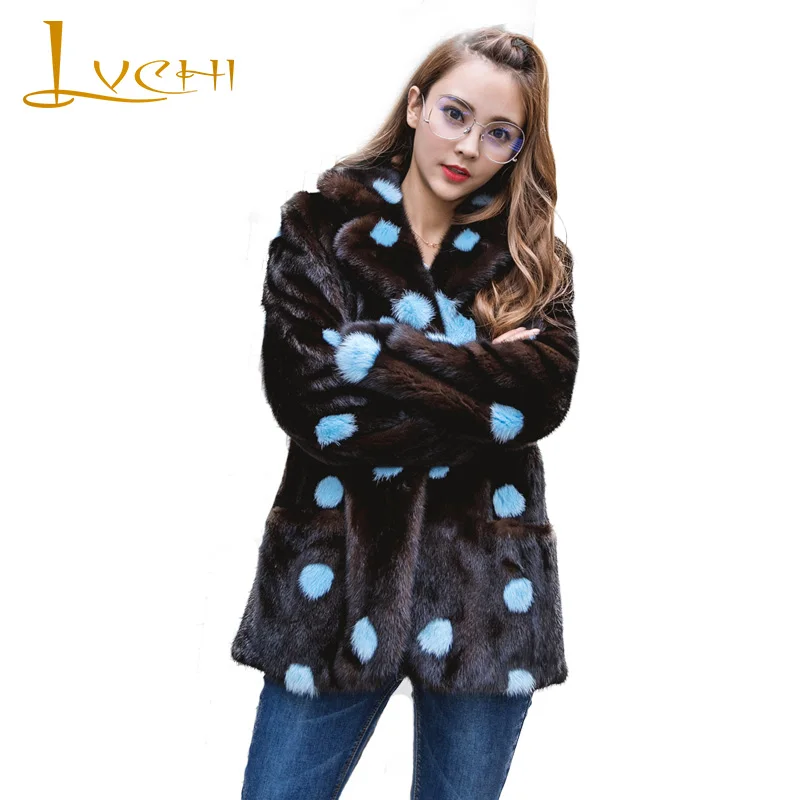

LVCHI Winter2017 Import Real Mink Fur Coat Turn-Down Collar Blue Polka Dot Fur Coat Women's Natural Fur Medium Pocket Mink Coats
