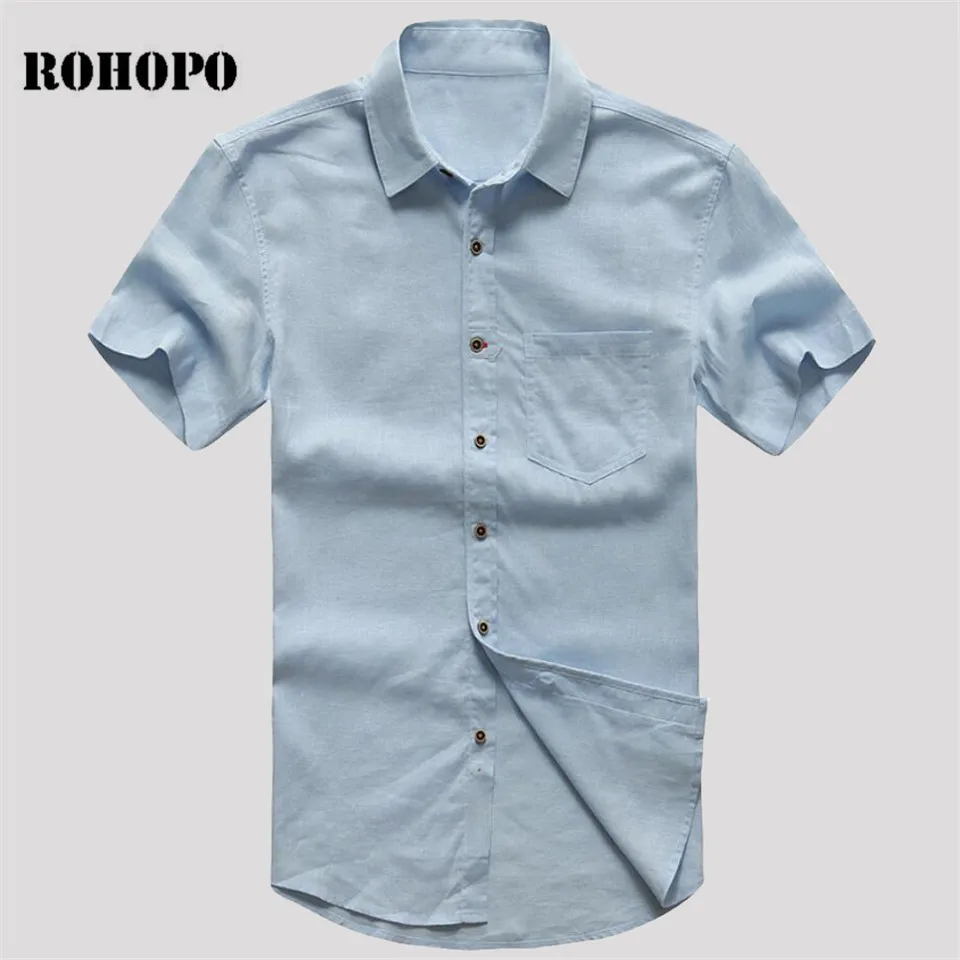 Мужская льняная рубашка с коротким рукавом ROHOPO Повседневная из дышащего хлопка в