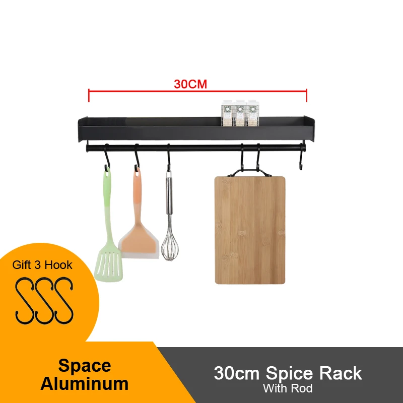 30cm With Rod Rack DIY держатель для домашней организации, кухонная стойка из алюминиевого сплава, кухонная полка, настенный горшок для специй, крышка, посуда, инструменты для приготовления пищи, стойка - Цвет: 30cm With Rod Rack