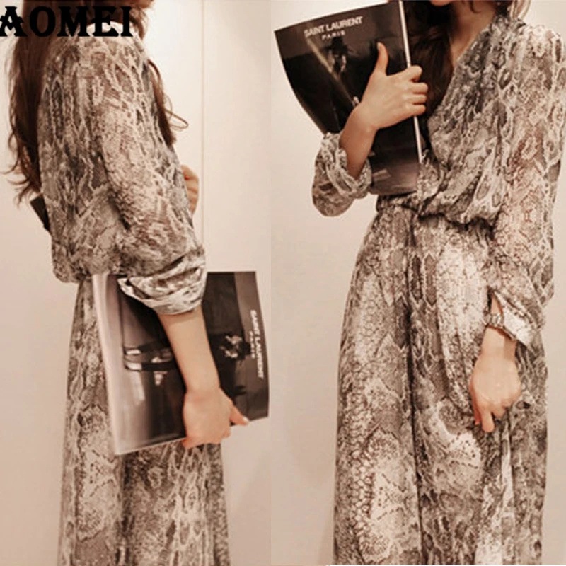 Women Long Sleeve Dress Snake Printed Elastic Waist Chiffon Loose Shirt Dresses Boho Casual Ladies Vintage Robes Spring | Женская одежда