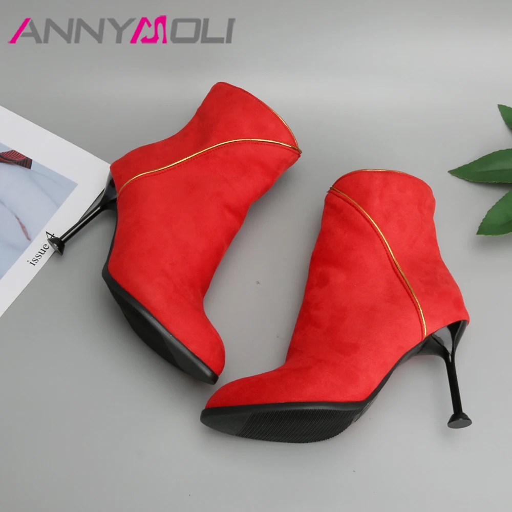 Ботильоны ANNYMOLI женские на высоком каблуке зимние короткие сапоги тонком красные