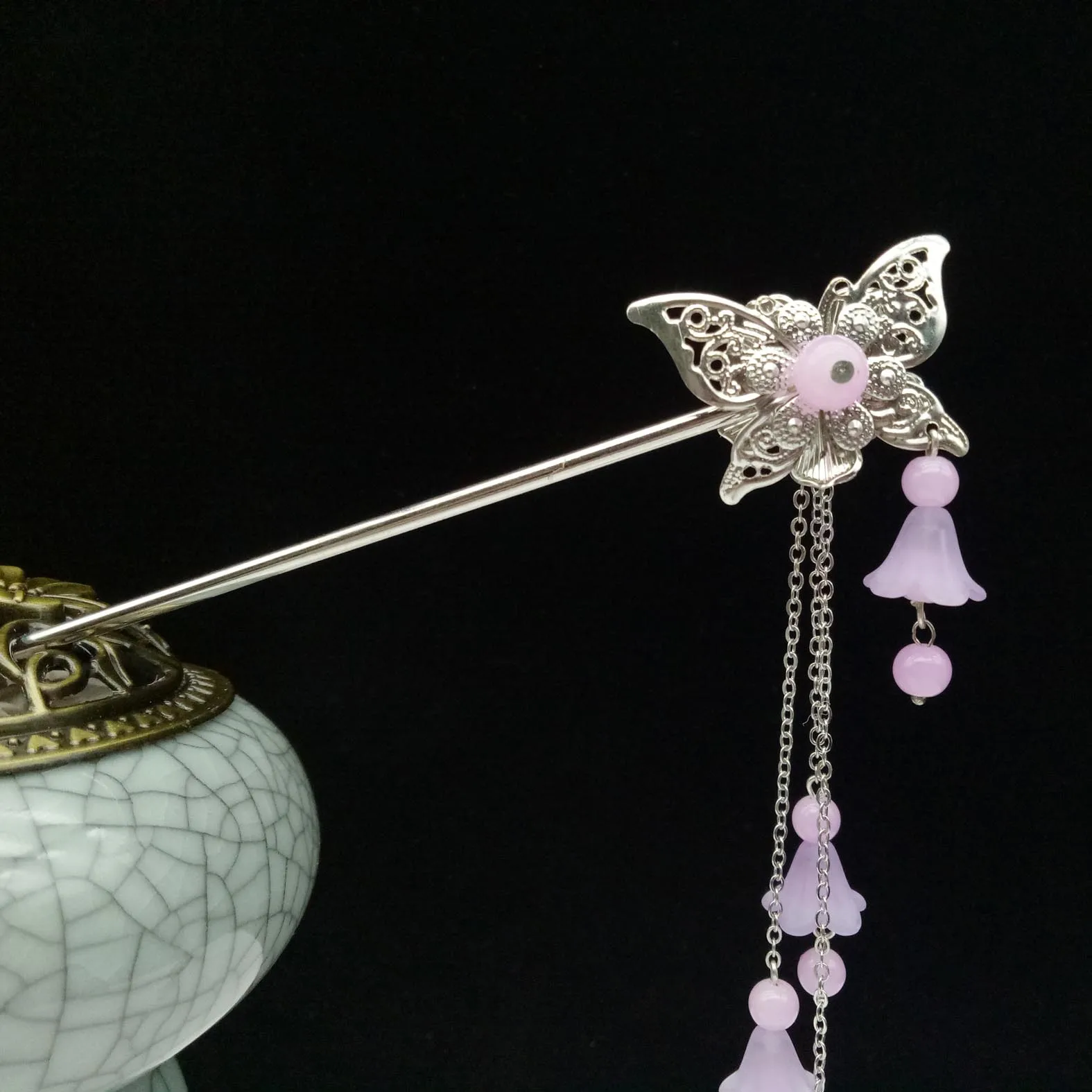 Pink Винтажные Серебряные Китайские Этнические палочки для волос с бабочкой и подвеской в виде цветка для женщин, свадебные украшения для волос, аксессуары для свадебной вечеринки - Окраска металла: Pink