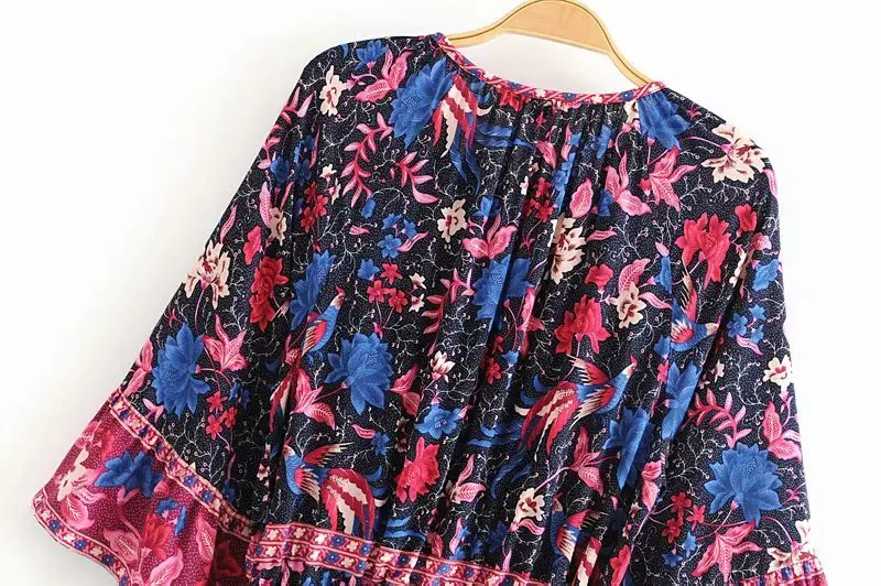 Everkaki Boho Винтаж феникс птица печати Макси платье для женщин Новая мода кисточкой пояса однобортный пляжные Длинные платья Vestido