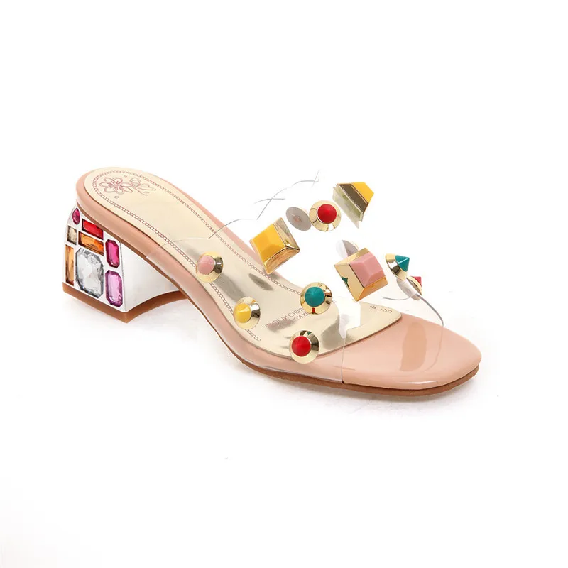 apricot MORAZORA new fashion women sandals pvc rivet transparent summer sandals square heels party wedding shoes woman slipper - Цвет: apricot