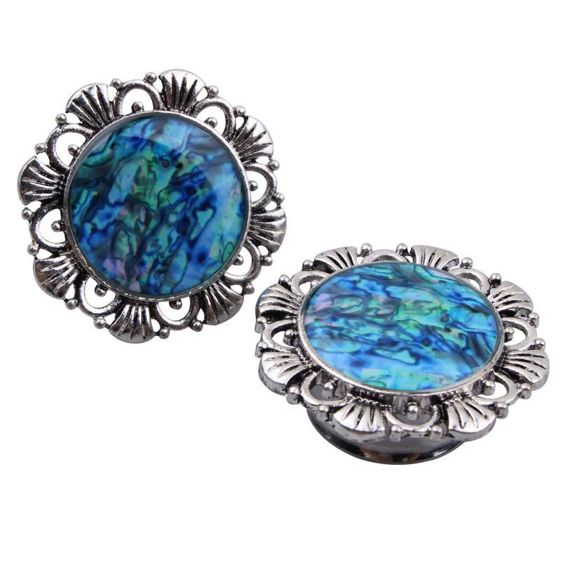 Queen's Plugs Flesh Tunnel Ear Expanders Stainless Steel Blue Opal Filigree Piercing Body Jewelry 1 Pair | Украшения и