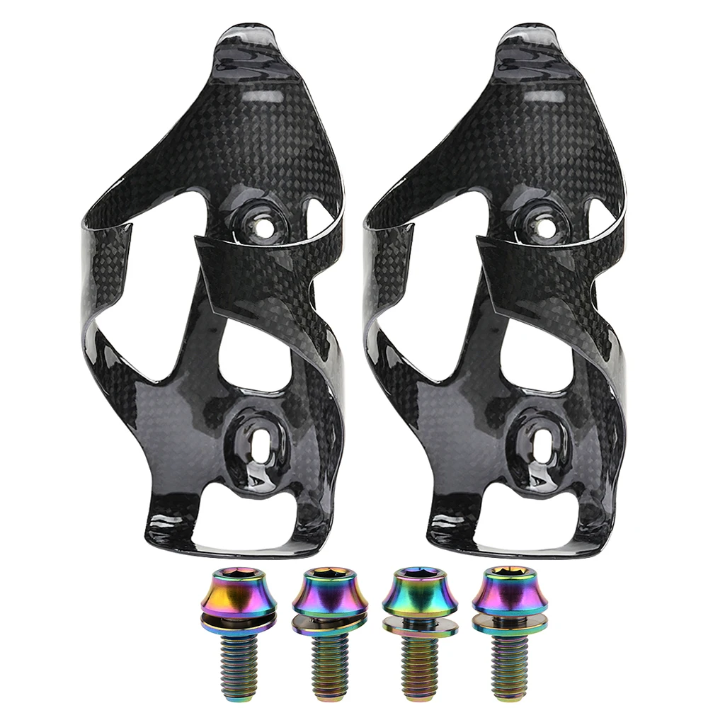 Glossy-Rainbow Bolt Wanyifa полностью углеродное волокно велосипед бутылка для воды клетка MTB дорожный держатель для бутылки велосипедный 2шт+ титановый болт M5x12 с винт с шайбой 4 шт - Цвет: Glossy-Rainbow Bolt