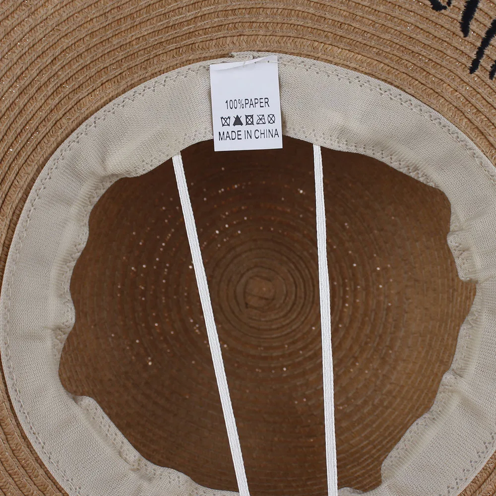 Женская соломенная шляпа с вышитыми буквами и большими полями Пляжная шляпка для