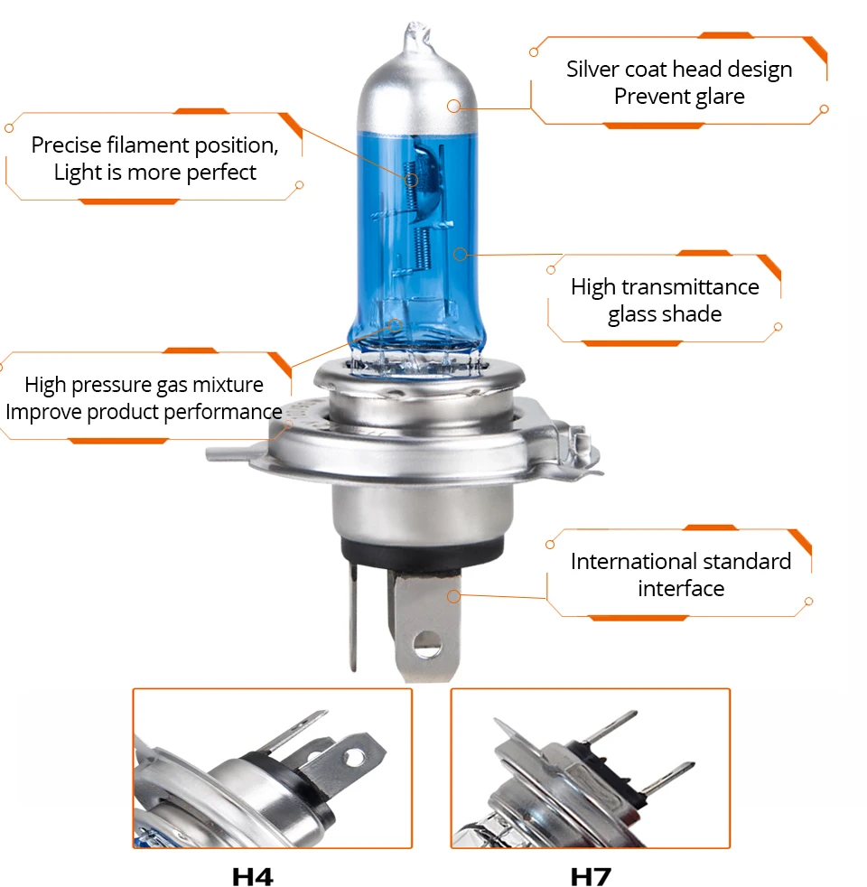 H7 Halogen Lamp h4 yellow xenon 55W 100W 12V car headlight Lamp 2700K 4200K 6500K Light purple Blue Glass Replacement Bulb 1PCS