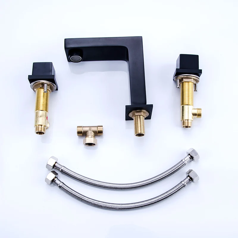 

Fapully Hot Sale Basin Faucets Taps Dual Handle Bathroom Basin Faucet Black Deck Mounted Mixer Taps Hot And Cold Water 606-44B